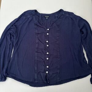 Lucky Brand Navy Blue Button Front Long Sleeve Cotton Gauze Top Size Large Comy